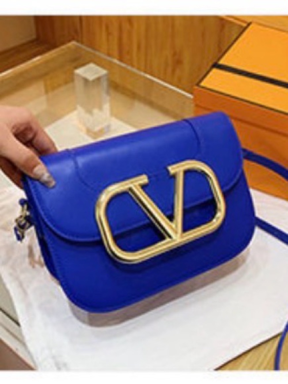 A Classy Chic Boutique Royal Blue Leather Crossbody with Gold Logo